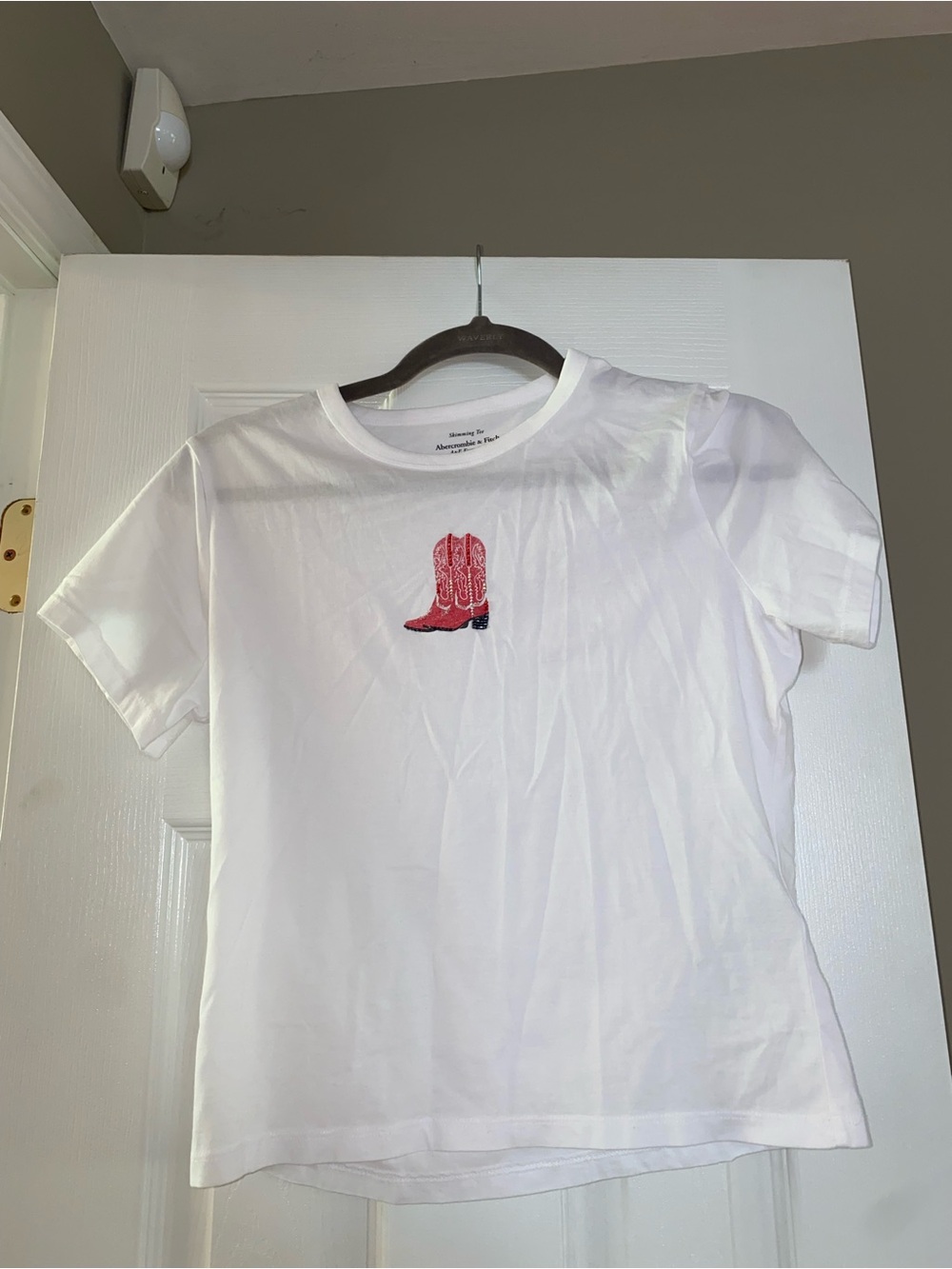 Abercrombie & Fitch White Tee with Red Cowboy Boot Embroidery